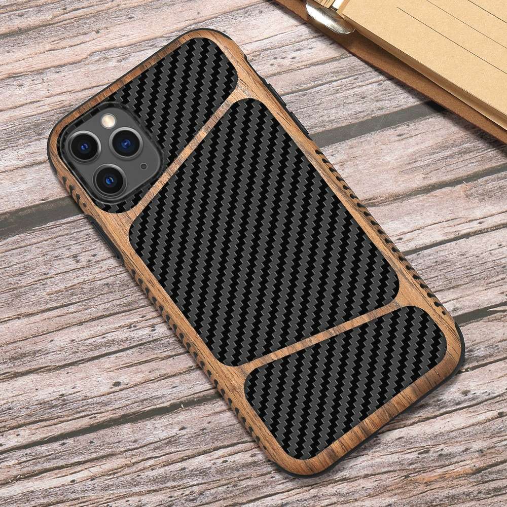 Unique Carbon Fiber + Wood Texture Case For iPhone 11, Pro, Pro Max, Xs
