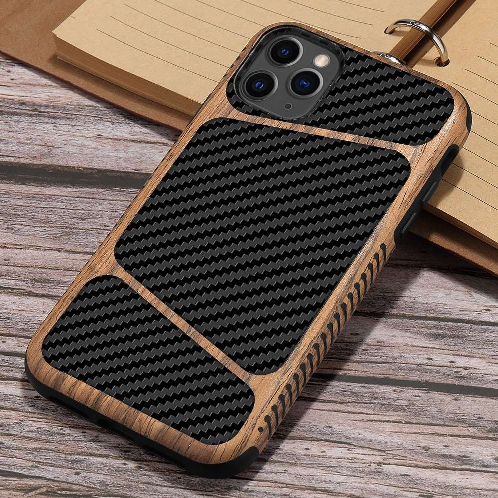 Unique Carbon Fiber + Wood Texture Case For iPhone 11, Pro, Pro Max, Xs